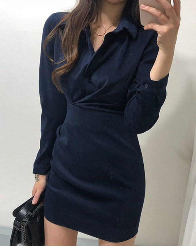 Suede Ruched Mini Shirt Dress