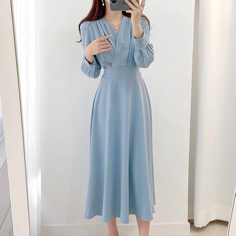 V-Neck Chest Pleated Chiffon Midi Dress