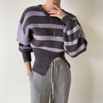 Round Neck Drop Shoulder Stripe Sweater with Gathered Waist and Slit