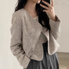 Collarless V-Neck Gray Plaids Tweed Cropped Jacket