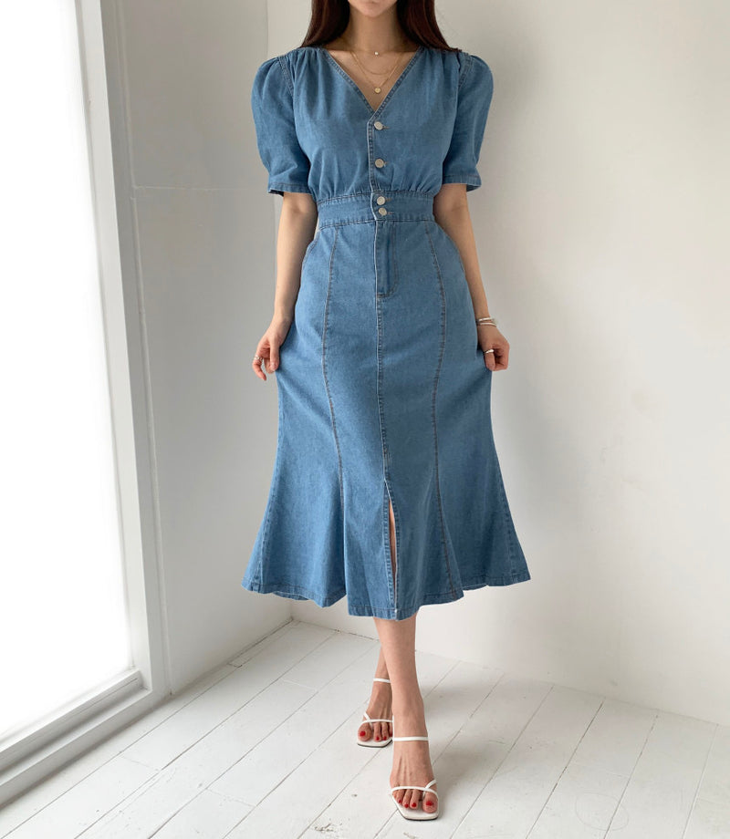 Denim V-Neck Fishtail Dress