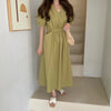 Matcha Green / Beige V-Neck Belted Dress with Pockets