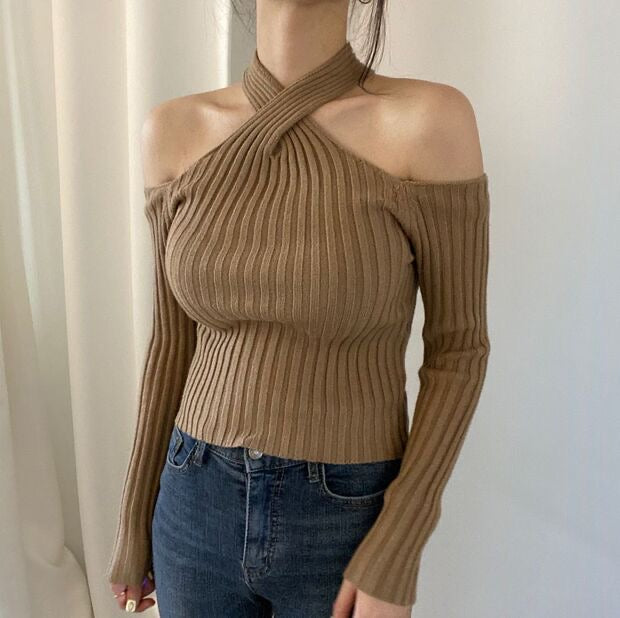 Cold Shoulder Ribbed Knit Top with Halter Neck