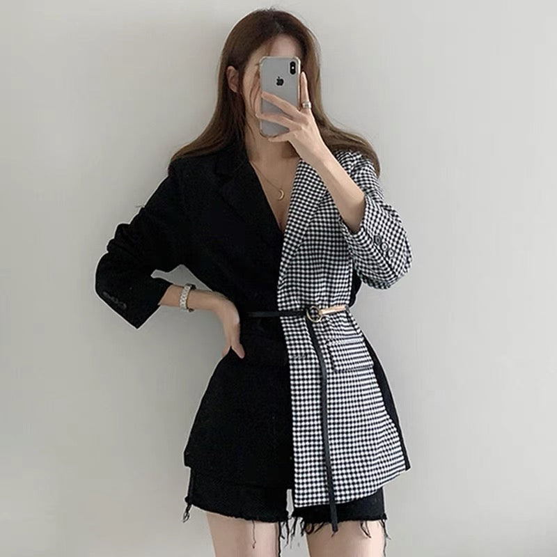 Designer Half Black Half Plaids Blazer