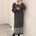 Korean Style White Collar Polo Knitted Dress with Stripes