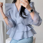 Long Sleeve Belted Chiffon Blouse with Ruffled Shoulder and Hems