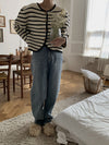 Round Neck Black & White Stripe Knitted Cardigan with Gold Buttons