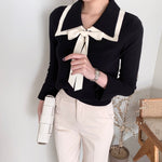 Knit Top with Double Layered Pointed Collar and Tie