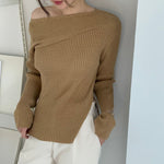 Designer Single-Shoulder Boat Neck Ribbed Knit Top with Side Slit