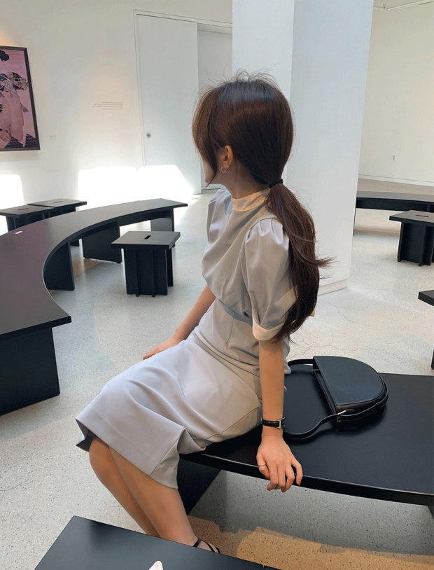 Mock Neck Back Tie Two Tone Shift Dress