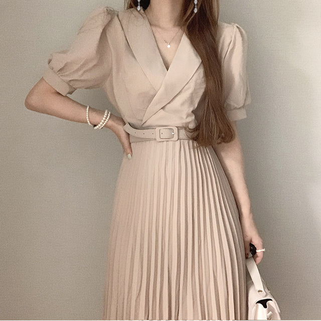 Pleated Short Sleeve Midi Dress with Belt