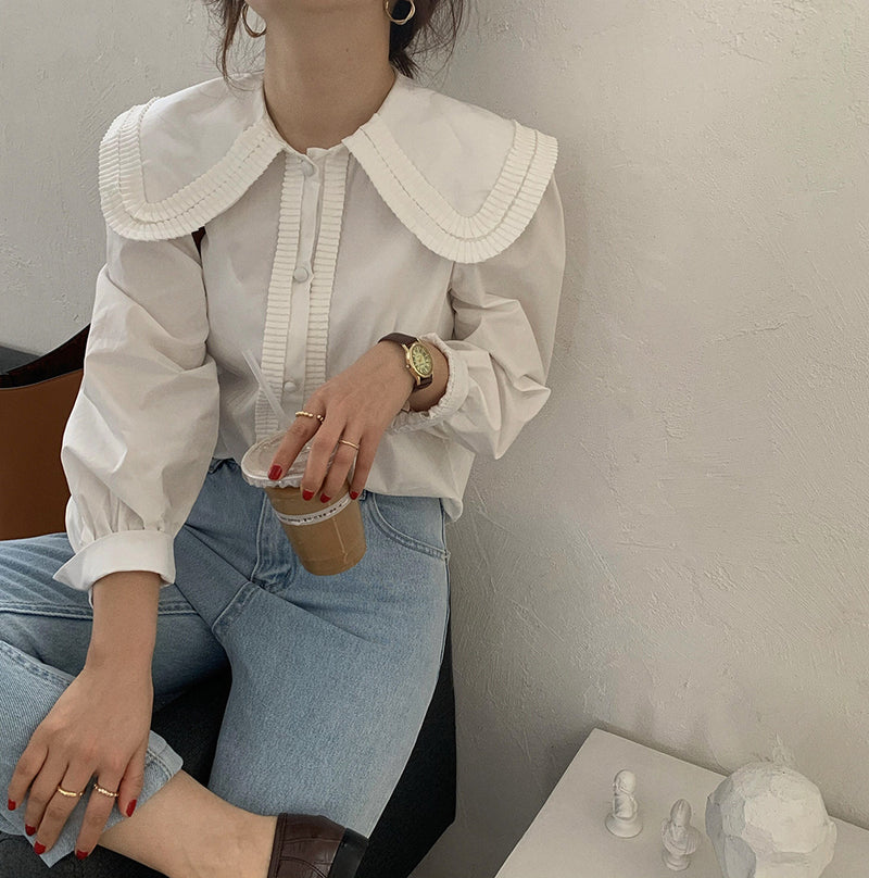 Oversized Ruffled Collar Button-Up Shirt