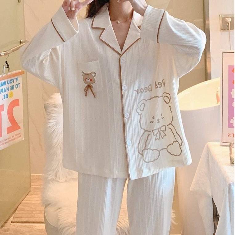 Cute Cartoon Bear Print Cotton Pajama Set