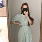 Pleated Short Sleeve Midi Dress with Belt