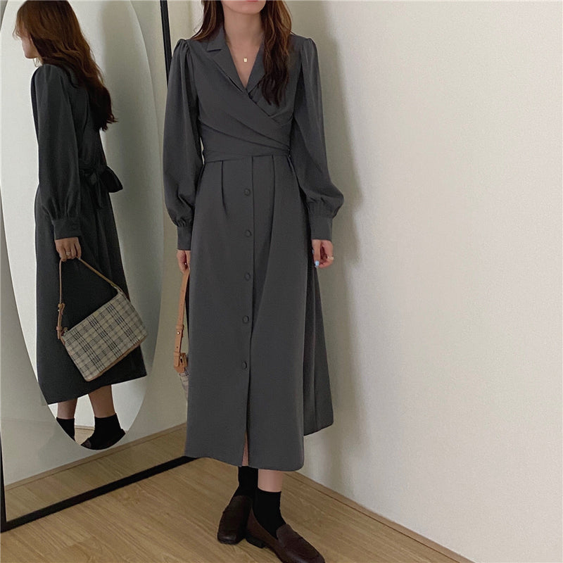 Korean Style Waist Tie Long Sleeve Shirt Dress