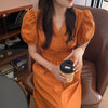 Korean Style Minimalist Puffed Sleeve Cotton Midi Dress