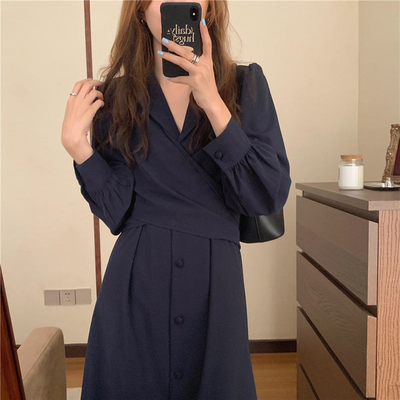 Korean Style Waist Tie Long Sleeve Shirt Dress