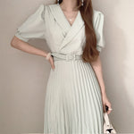 Pleated Short Sleeve Midi Dress with Belt