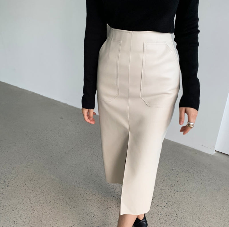 Vegan Leather Pencil Skirt with Front Vent