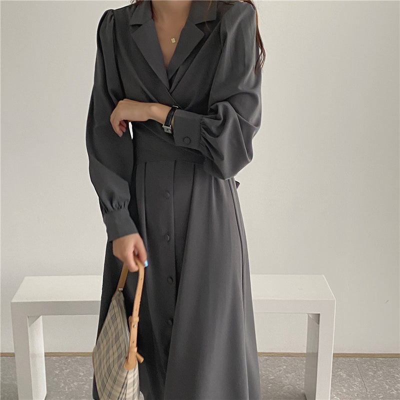 Korean Style Waist Tie Long Sleeve Shirt Dress