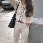 Minimalist Ivory Contrast Trim V-Neck Cardigan with Invisible Buttons