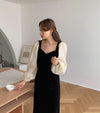 Black Velvet Dress with Organza Puffed Sleeves