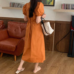 Korean Style Minimalist Puffed Sleeve Cotton Midi Dress