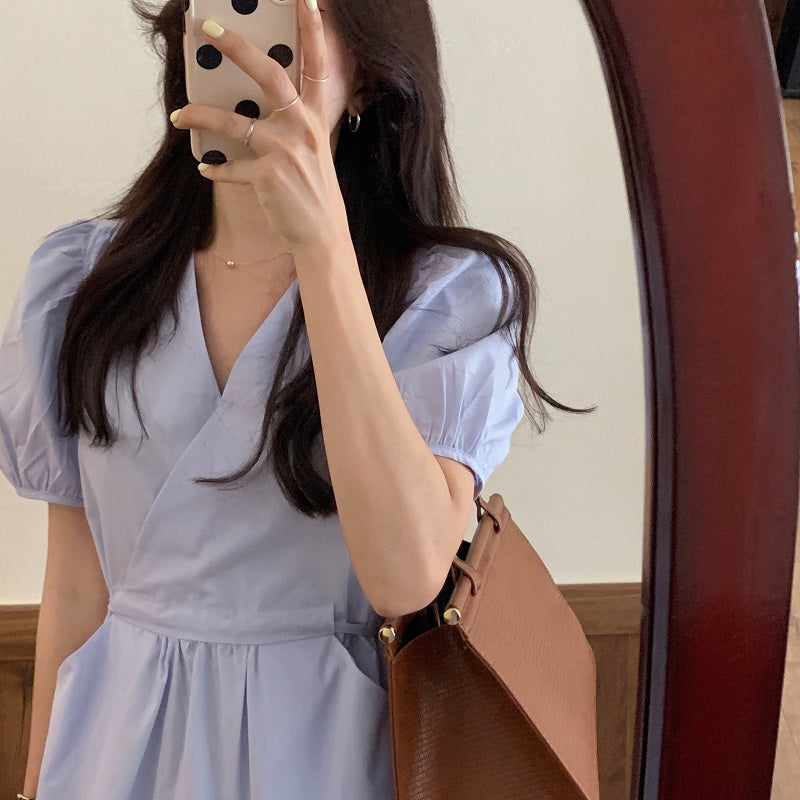 Korean Style Minimalist Puffed Sleeve Cotton Midi Dress