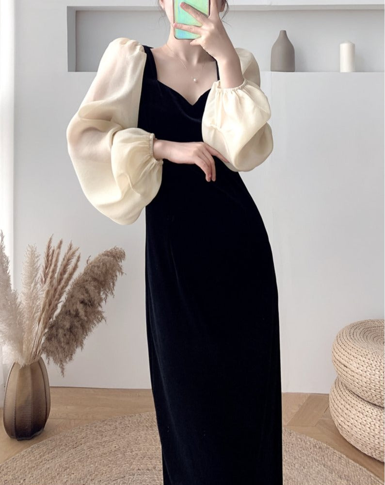 Black Velvet Dress with Organza Puffed Sleeves