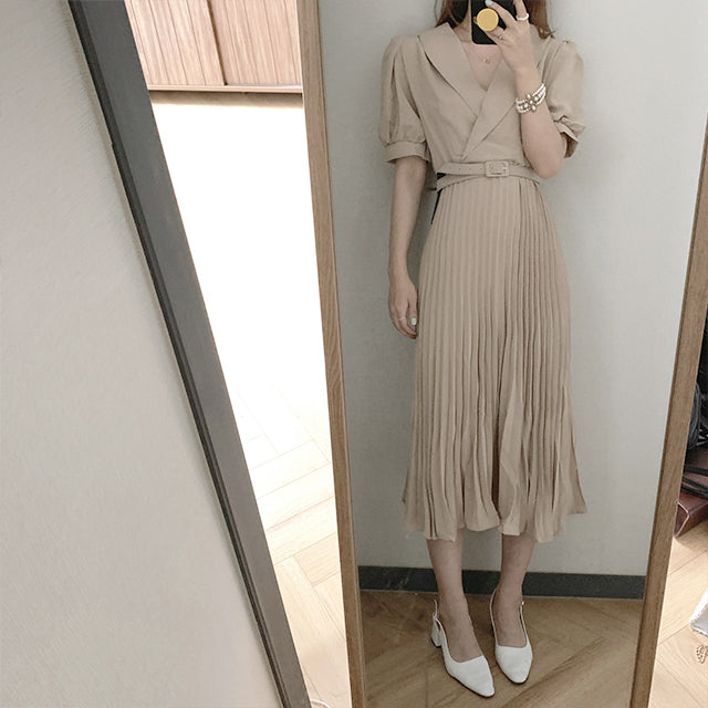 Pleated Short Sleeve Midi Dress with Belt