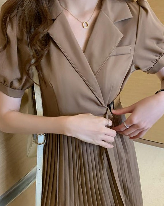 Blazer Style Belted Mini Pleated Dress