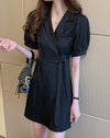 Blazer Style Belted Mini Pleated Dress