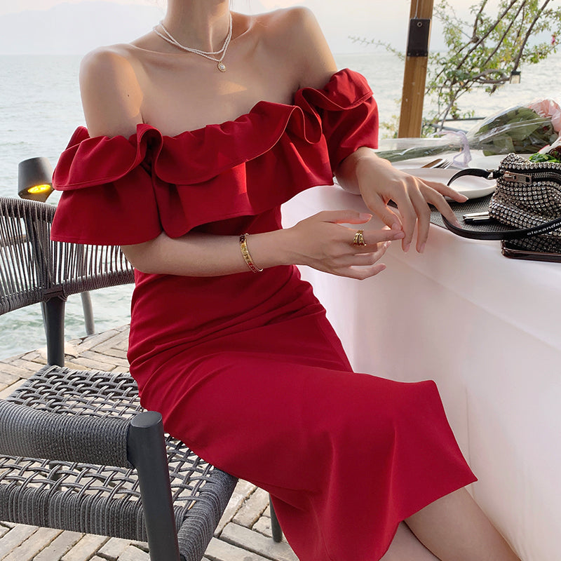 Ruffled Drop Shoulder Red Dress