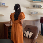 Korean Style Minimalist Puffed Sleeve Cotton Midi Dress