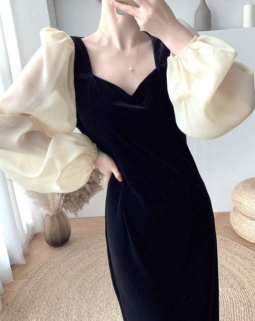 Black Velvet Dress with Organza Puffed Sleeves
