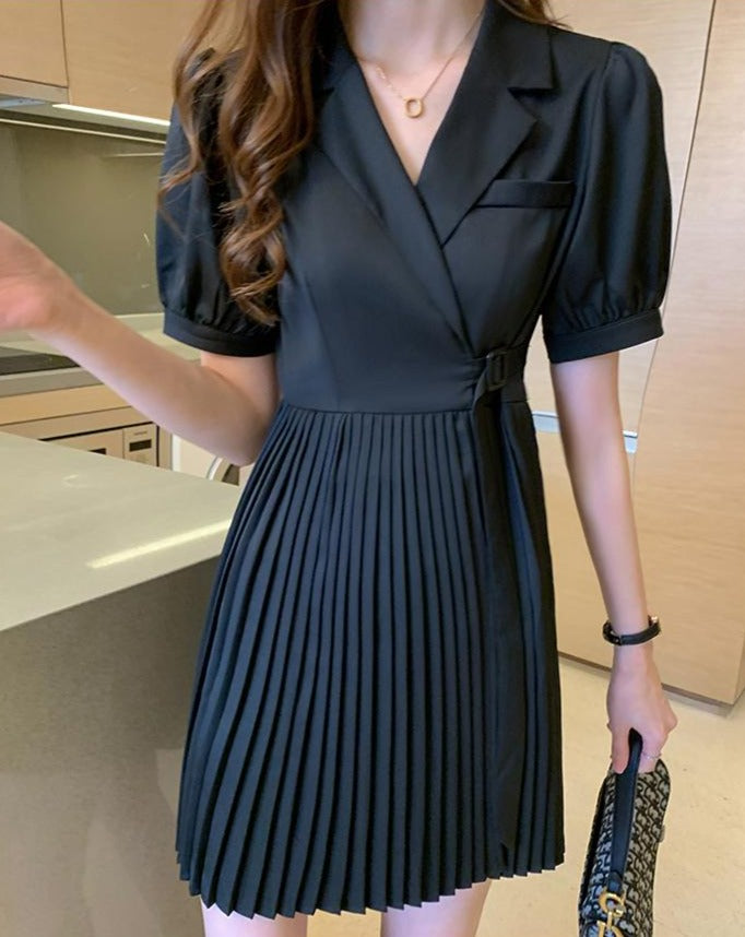 Blazer Style Belted Mini Pleated Dress