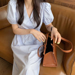 Korean Style Minimalist Puffed Sleeve Cotton Midi Dress