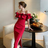 Ruffled Drop Shoulder Red Dress