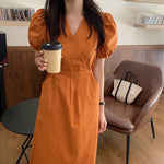 Korean Style Minimalist Puffed Sleeve Cotton Midi Dress