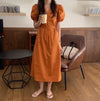 Korean Style Minimalist Puffed Sleeve Cotton Midi Dress