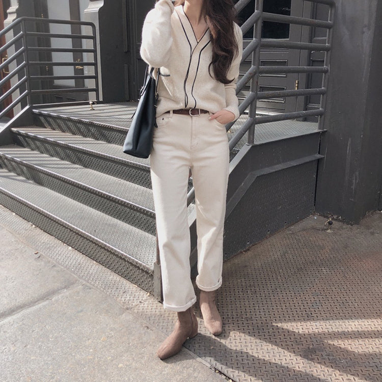 Minimalist Ivory Contrast Trim V-Neck Cardigan with Invisible Buttons