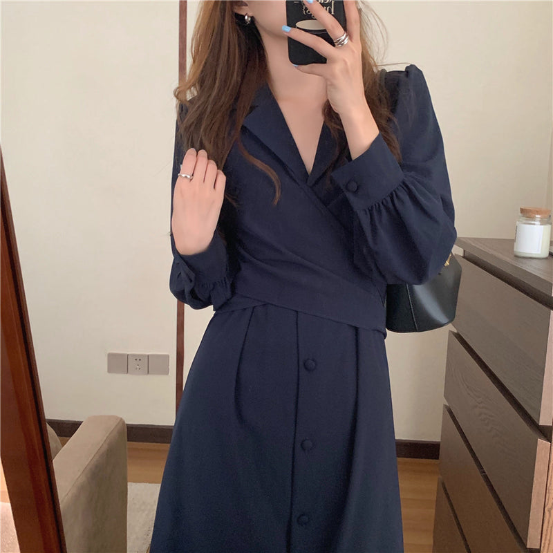 Korean Style Waist Tie Long Sleeve Shirt Dress