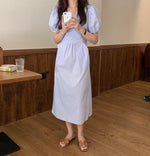 Korean Style Minimalist Puffed Sleeve Cotton Midi Dress