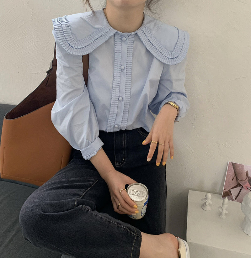 Oversized Ruffled Collar Button-Up Shirt