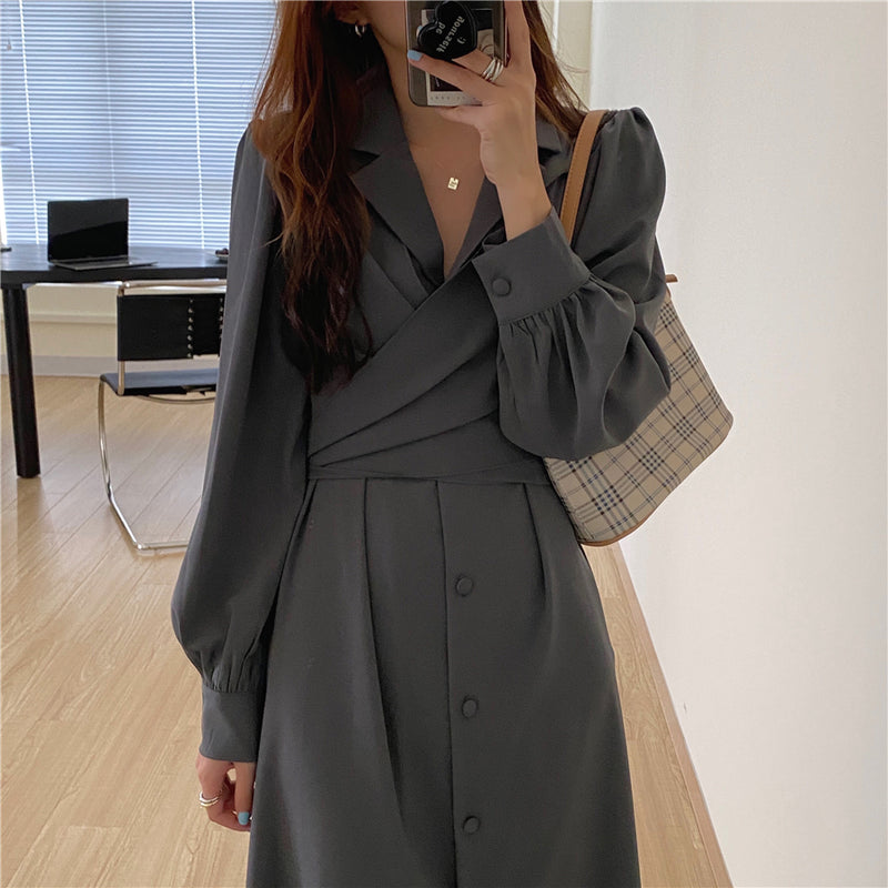 Korean Style Waist Tie Long Sleeve Shirt Dress