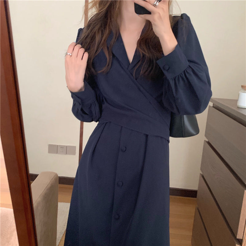 Korean Style Waist Tie Long Sleeve Shirt Dress