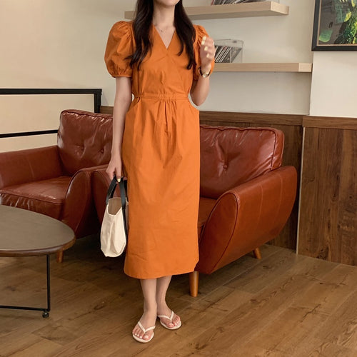 Korean Style Minimalist Puffed Sleeve Cotton Midi Dress