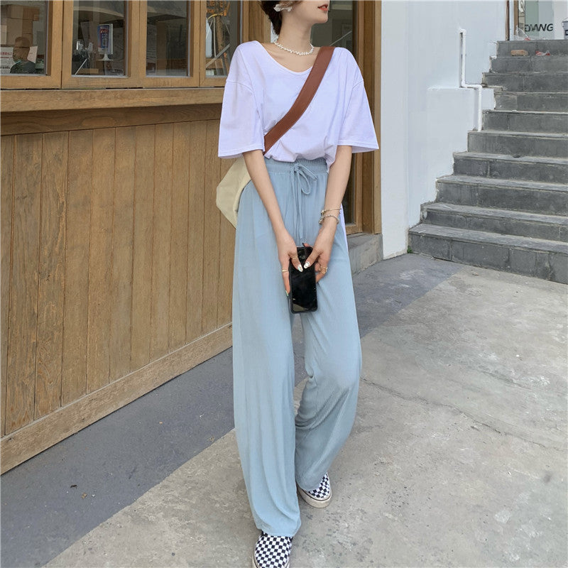 Women Female Casual Korean Style Loose Wide Leg Tie Lace-up High Waist Long  Pants（L / XL）, Women's Fashion, Bottoms, Other Bottoms on Carousell