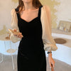 Black Velvet Dress with Organza Puffed Sleeves