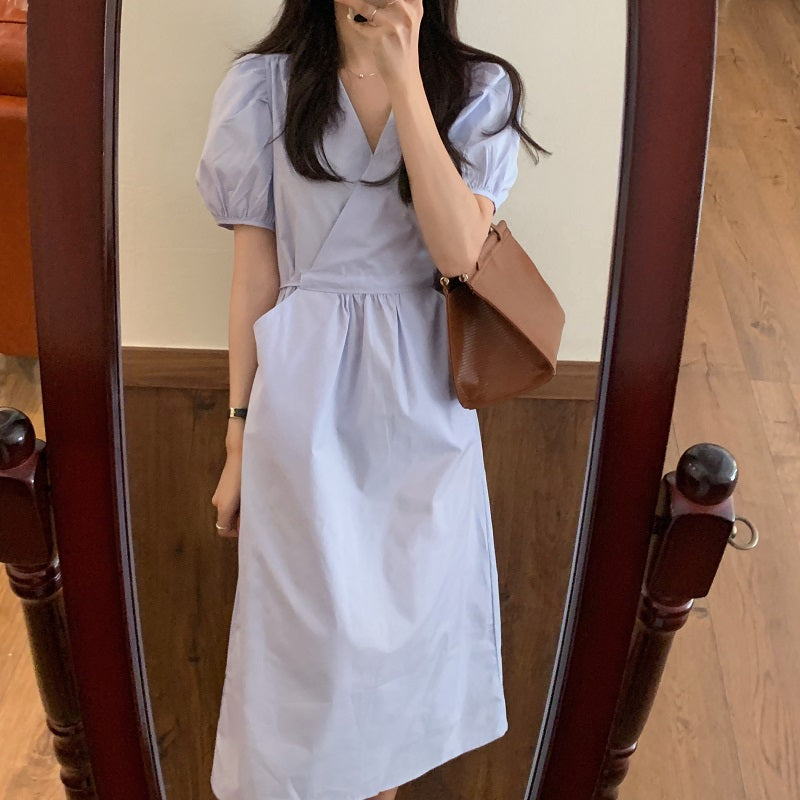 Korean Style Minimalist Puffed Sleeve Cotton Midi Dress